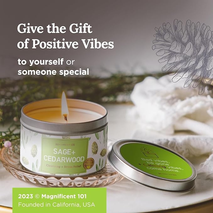 Magnificent 101 SAGE + Cedarwood Aromatherapy Candle for House Energy Cleansing and Stress Relief, Banishes Negative Energy I Purification and Chakra Healing - Natural Soy Wax Tin Candle - 6oz
