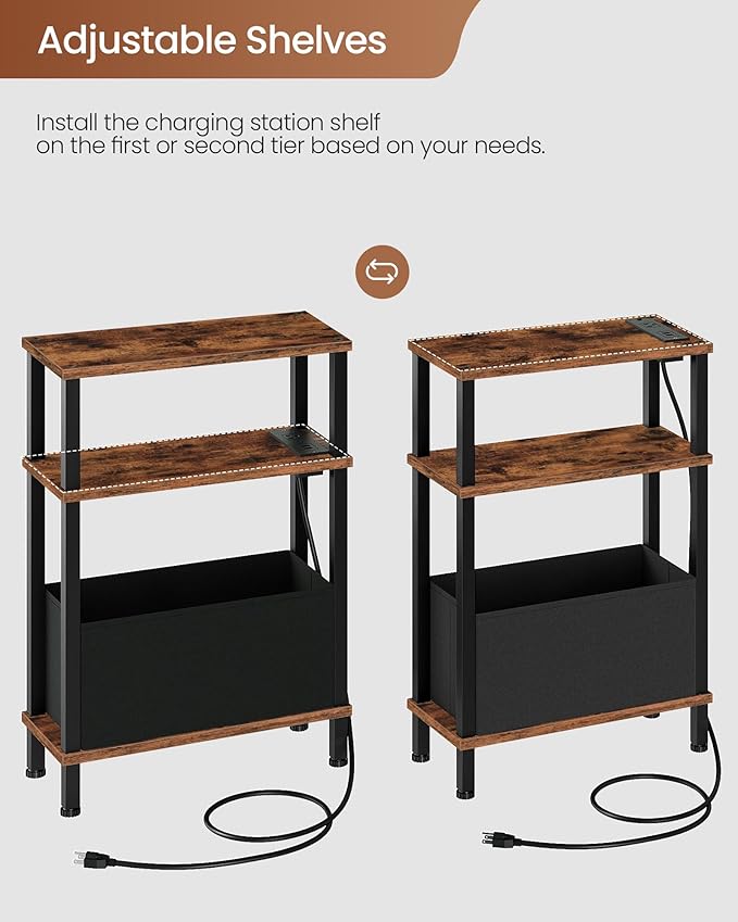 Small Narrow Side Table with Charging Station, Skinny End Table with Fabric Basket, Slim Nightstand for Small Spaces, Sofa Side Table, for Living Room, Bedroom, Rustic Brown and Black TBZ07UBF