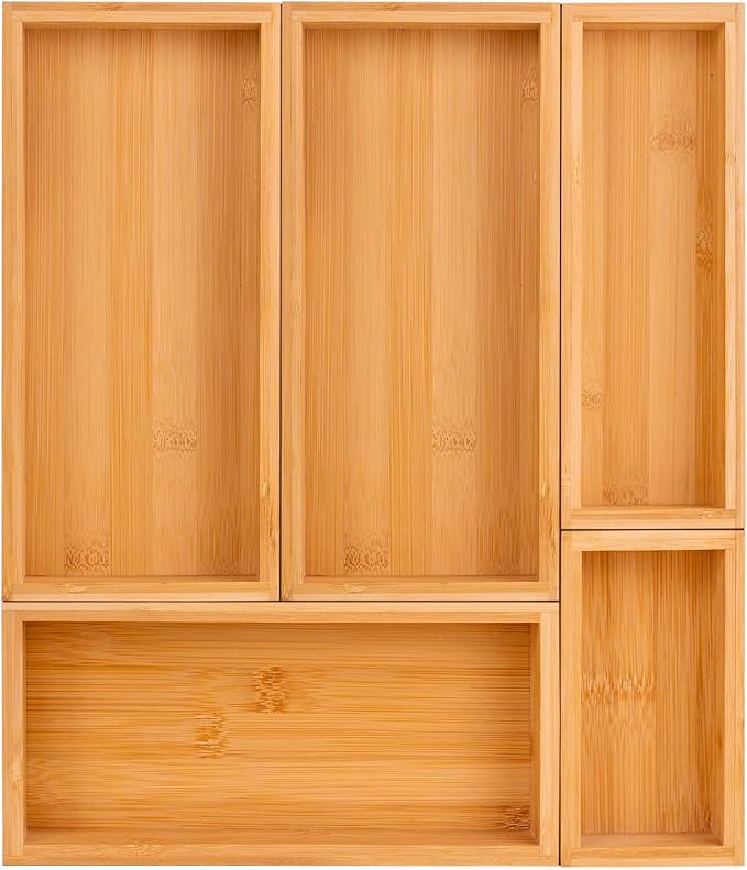 bamboo drawer organizer Set,expandable drawer dividers,wooden storage organizers,large trays for kitchen, bathroom,flatware,Tea Bag Organizer (1 X 5PCS Natural)