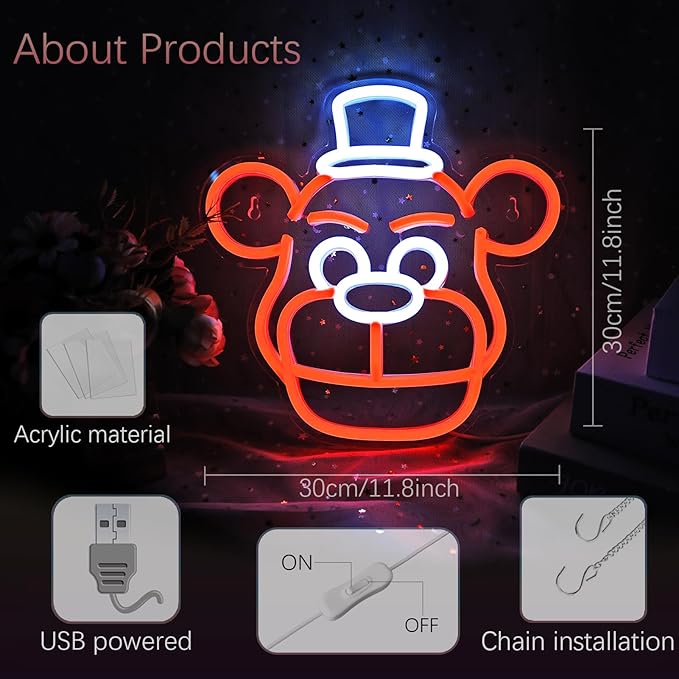 Cute Five Nights Bear Neon Sign, Anime Neon Light for Wall Decor Bedroom, Children's Room, Birthday, Festival Decorations, USB Powered Orange Color White, 11.8inch x 11.8 inch