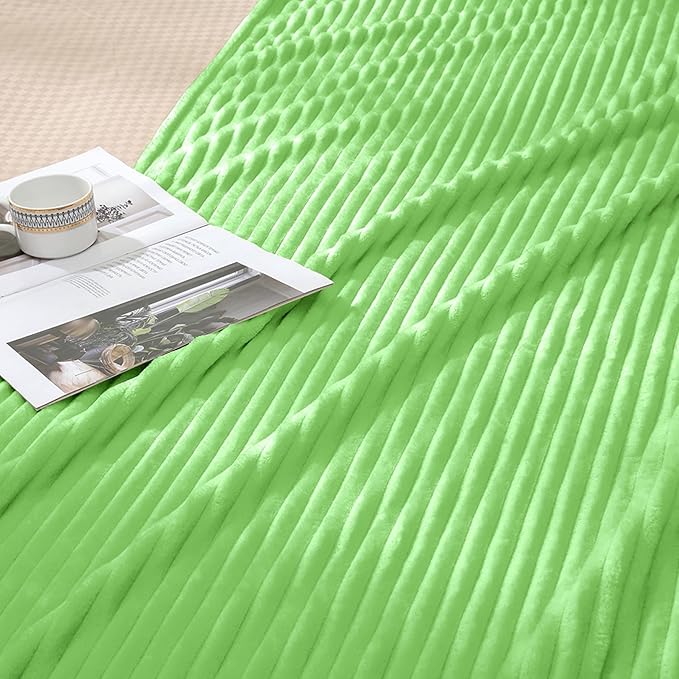 Vessia Flannel Fleece Throw Blanket for Couch, Sofa, Bed, 300GSM Microfiber Light Green Striped Chair Blanket, Super Soft Warm Cozy Lightweight Ribbed Throw for All-Season