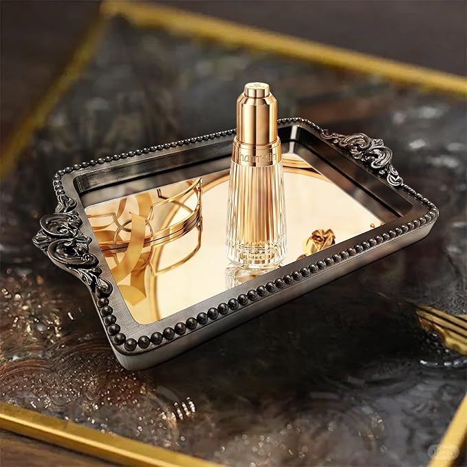 Vintage Black Tray with Mirror Glass Base | Card Holder for Guests During Occasions and Events or Decorative Home and Vanity Organizer