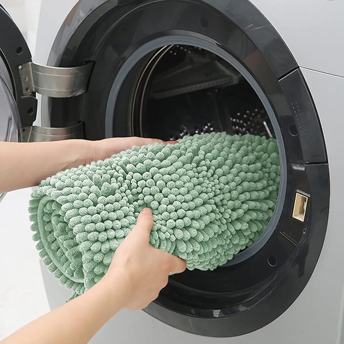ACCUMTEK Striped Sage Green Bathroom Rug Set 3 Pieces Ultra Soft, Non Slip Chenille Toilet Mat, Absorbent Plush Shaggy Bath Mats for Bathroom, Bedroom, Kitchen