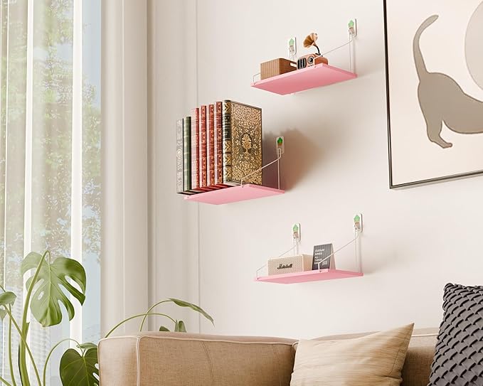 Elevate Your Space with Rustic Wood Floating Shelves Set of 3- Perfect for Bedroom, Living Room, Bathroom, and Kitchen Decor - Easy Installation, No Drilling Needed!