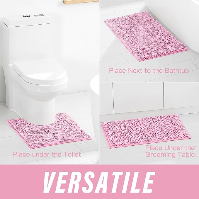 Pink Bathroom Rugs Sets 3 Piece Washable, Luxury ,Chenille Bath Mat Set, Soft Plush Anti-Slip Rectangular Bath, Rug Super Absorbent.3 Pieces Bathroom (Pink, 32"x20"+24"x16"+U Shape 20"x20")