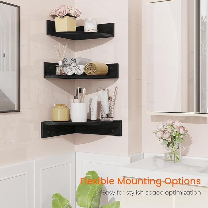 Homode Corner Floating Shelves, Set of 3 Corner Shelves Wall Mounted with Cable Hole, 3 Tier Wooden Hanging Corner Storage Shelf for Bedroom, Living Room, Kitchen, Black