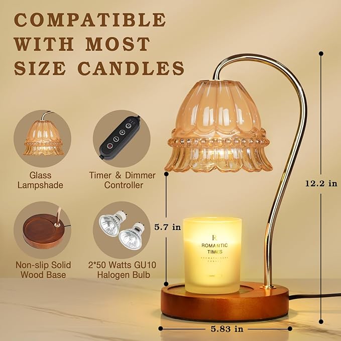 Glass Candle Warmer Lamp with Timer, Flower Candle Warmer Lamp, Birthday Gifts for Women, Mom, Female Friend, Candle Lamp Warmer Gifts, Electric Dimmable Candle Warmer, Vintage Home Decor, Amber