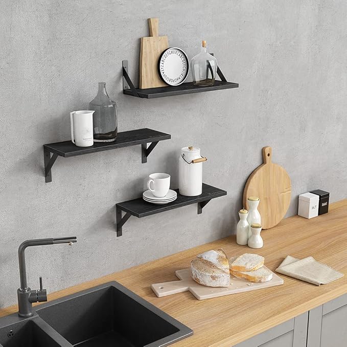 Forbena Black Floating Shelves Bathroom Set of 3, Wooden Wall Book Shelves, Rustic Shelf for Storage, Bathroom Organizer, Living Room, Kitchen, Office (Black)