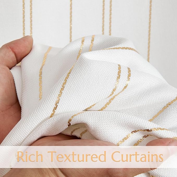 jinchan Golden Foil and White Striped Curtains 96 Inch Length for Living Room Bedroom Golden Foil Striped on White Curtains Light Filtering Drapes Rod Pocket Modern Window Treatments Set 2 Panels