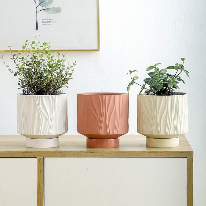 UBEE Plant Pots Indoor-5.5 inch Ceramic Flower Pot Succulent Pot with Drainage Hole and Ceramic Tray-Water Ripple for Gardening Home Desktop Office-Plants NOT Included(Ochre/Terracotta)