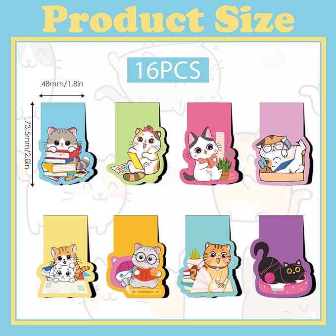 Cats Magnetic Bookmarks Gifts - 16 Pcs Cute Cat Book Mark Magnets Cartoon Cats Book Marks Page Pets Book Markers Clip Gifts for Book Lovers Students Teens Teacher School Reading Cat Lover