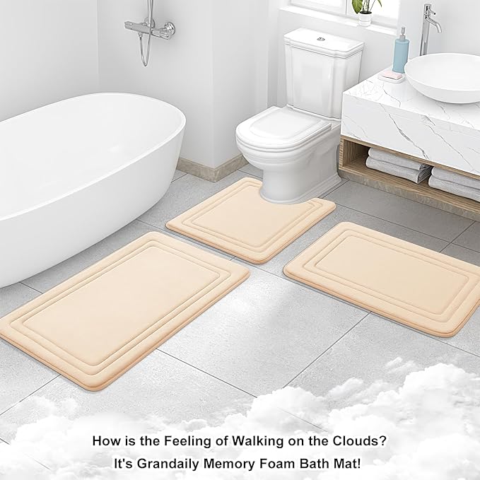 Grandaily Memory Foam Bath Mat Rug 36x24, Ultra Soft, Non-Slip and Absorbent Bathroom Rugs, Machine Wash Dry, Comfortable Bath Carpet for Bathroom Floor, Tub and Shower, Beige