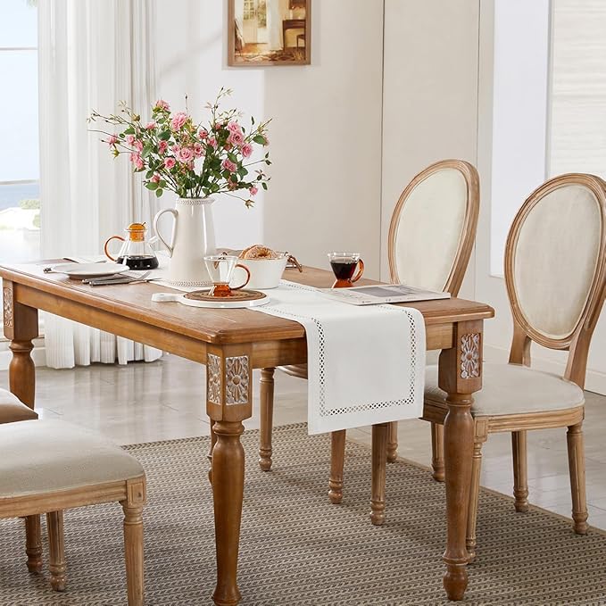 Burlap Style Farmhouse Table Runner, 13 x 60 Inch Off White, Rustic Geometric Hollow Table Runners 60 Inches Long for Dresser Table Everyday Use, 13x60 Inches, Off White