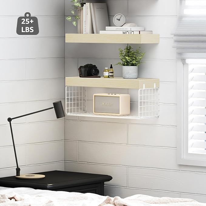 QEEIG Bathroom Shelves Over Toilet - Wall Mounted Floating Shelves Toilet Paper Storage Small Farmhouse Decor Shelf 16 inch Set of 2, Natural (019-BNW2)