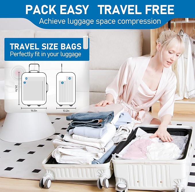 Vacuum Storage Bags for Travel, 16 Pack Vacuum Seal Bags for Clothing Travel, Space Saver Bag with High Pressure Electric Pump, Compression Packing for Luggage and Suitcase
