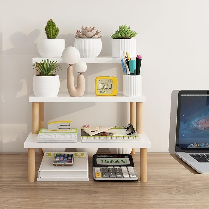 Windowsill Plant Stand Shelf 3 Tiers Desktop Organization and Storage Shelf Bathroom Countertop Corner Cupcake Display Stand for Table Wood Ladder,White