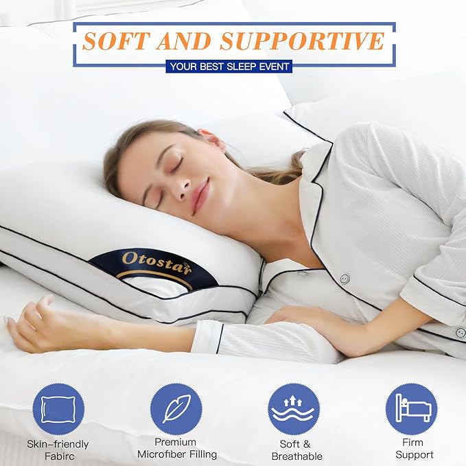 OTOSTAR Pillows King Size Set of 2 Bed Pillows for Sleeping Cooling Pillows 2 Pack with 3D Microfiber Filling Breathable Cover Pillows for Back Stomach or Side Sleepers Soft Fluffy Pillows for Bed