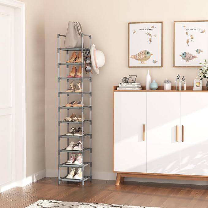 Narrow Shoe Rack 10-Tier Tall Shoe Organizer Skinny Shoe Shelf Storage for 10-15 Pairs Shoe and Boot, Space Saving Corner Shoe Rack Organizer for Closet, Entryway, Living Room, Grey