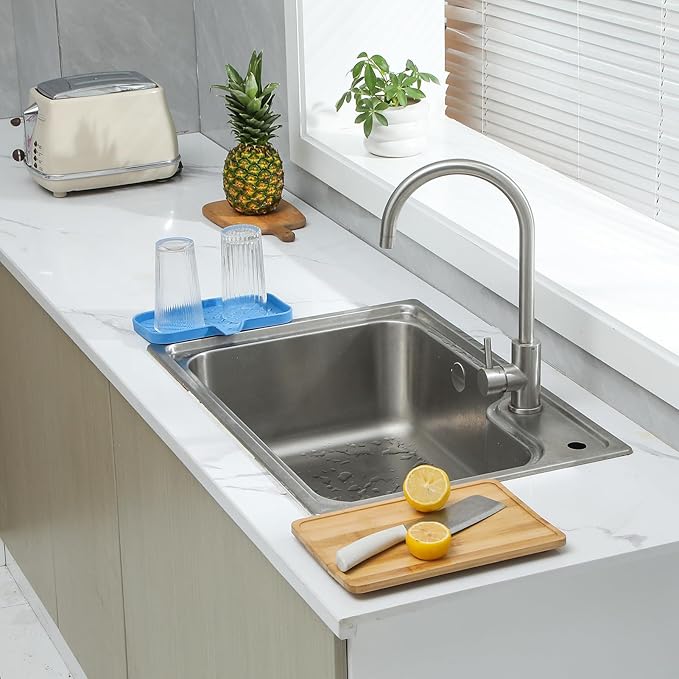 Silicone Bathroom Soap Dishes with Drain Spout Bathroom and Kitchen Sink Organizer,Sponge Holder,Dish Soap Tray,Perfect for Dispenser,Scrubber,Bottle,Cup on Counter Lichen Blue 9.6"×5.3"