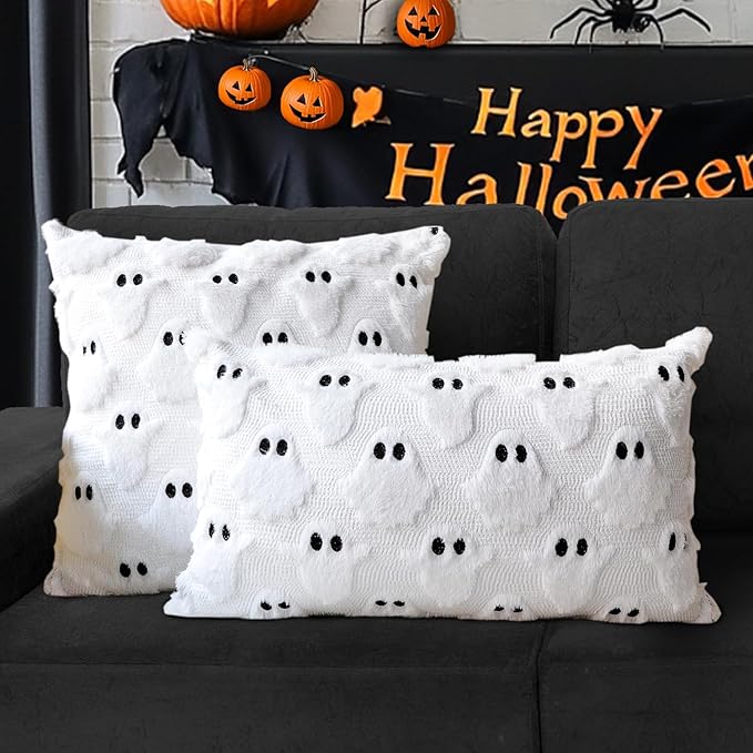 4TH Emotion Halloween Ghost Decorative Lumbar Pillow Covers 12x20 Set of 2, White Soft Plush Faux Fur Farmhouse Throw Cushion Cases for Fall Autumn Holiday Home Decorations