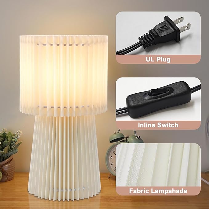 Shineled Small Table Lamp for Bedroom, Minimalist Bedside Lamps for Night Stands, Nightstand Lamp with Pleat Fabric, Study Reading Desk Lamp for Kids Room, Living Room, College Dorm, Home, Office