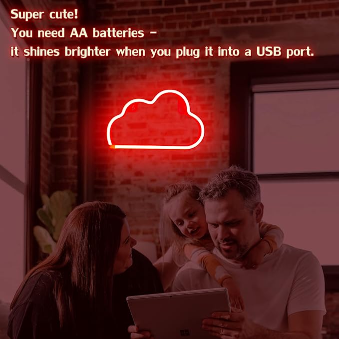 LED Cloud Neon Light for Wall Decor, Battery or USB Powered Sign Shaped Decoration Wall Lights for Bedroom Aesthetic Teen Girl Kid Room Birthday Wedding Party Halloween (Red)