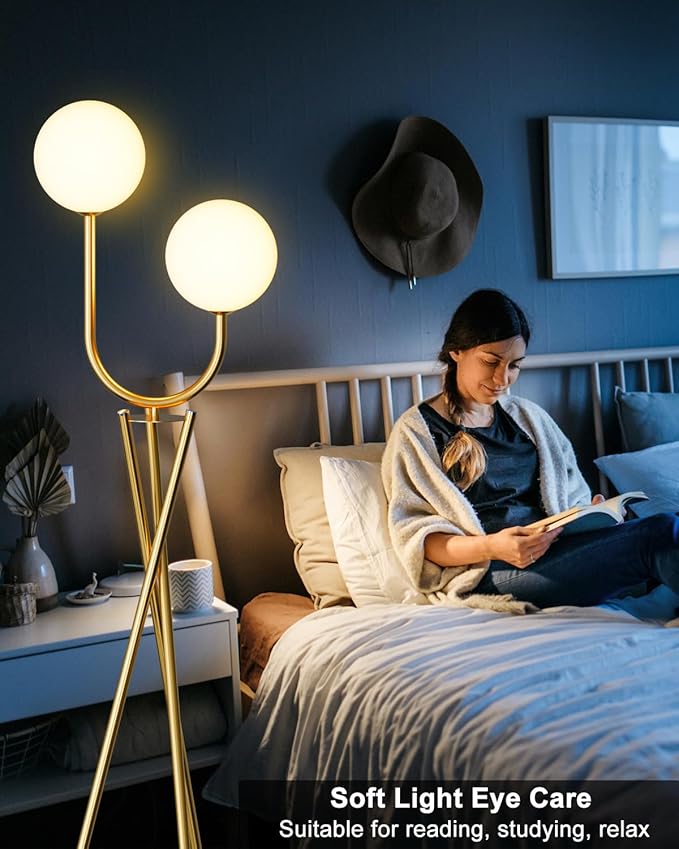 Lightdot Gold Floor Lamp Mid Century Tripod Floor Lamp with U-Stylish 2-Lights with 2Pcs 3000K G9 Bulbs Tripod Standing Lamps with Stable Base for Living Room/Sofa Sides/Corners
