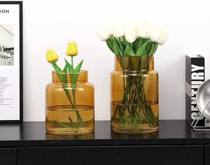 Large Glass Vase, Amber Glass Vase Set of 2, Large Flower Vases for Bouquet, Tall Wide Mouth Vases for Flowers, Home, Wedding, Living Room, Office Decor, 7"+9"