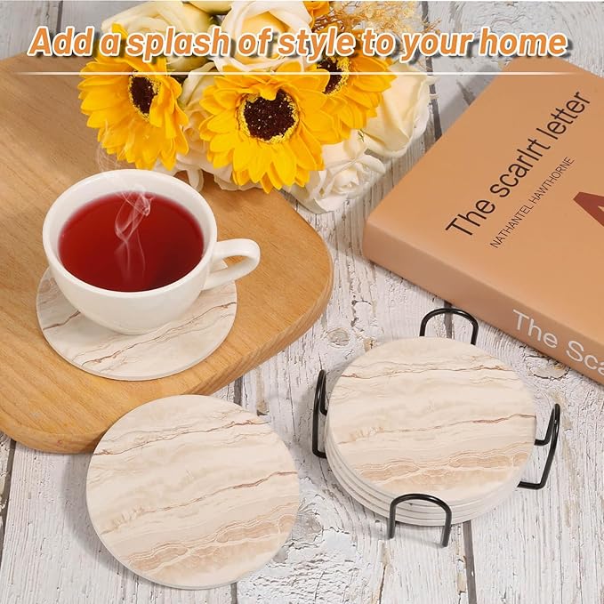 Acejoz Drink Coasters Sets of 6, Absorbent Coaster for Coffee Table Decor, Marble Style Ceramic Coaster for Home Decor, 4 Inches
