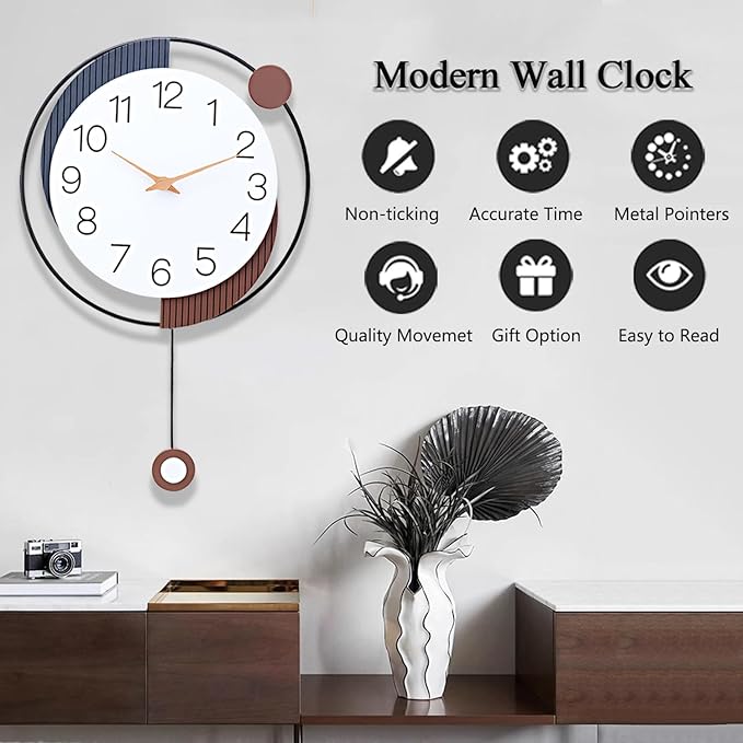Decorative Silent Quartz Wall Clock with Pendulum, Battery Operated, Large 13x20 inch for Living Room, Kitchen, Home, Bathroom, Bedroom Wall Decor