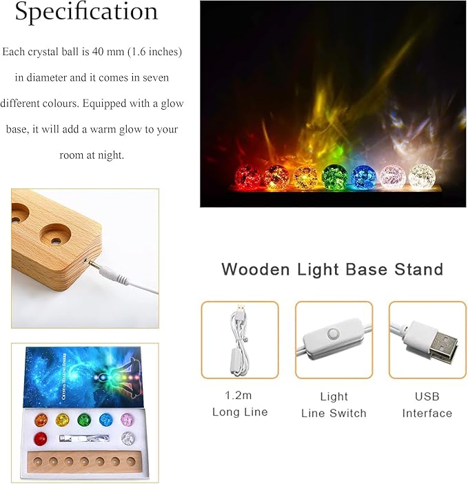 7 Colors 40mm Ice Cracked Balls Crystal Chakra Balls with LED Wooden Base Glass Healing Sphere Balls with Stand Night Light Decoration Quartz for Home Living Room