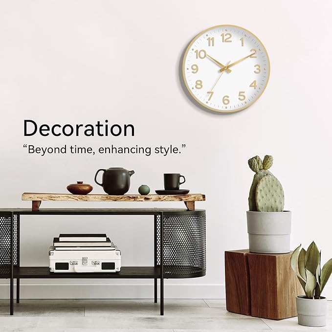 Wall Clock, 10 Inch Silent Wall Clocks Battery Operated-Modern Non Ticking Analog Clock Decorative for Kitchen Bedroom Office Bathroom(White Gold)