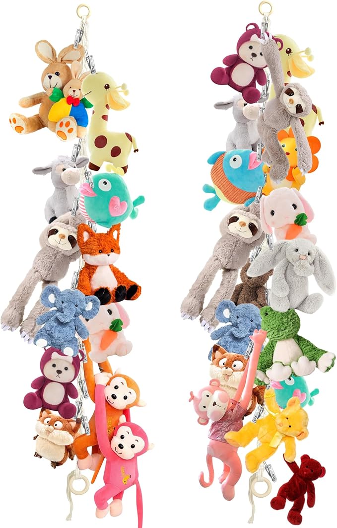 2PCS Stuffed Animal Hammock Corner - 78 Inch Stuffed Animal Storage with 40PCS Clips, Boho Stuff Animal Organizer with Wooden Ring Hanging Stuffed Animal Holder for Wall or Corner Nursery Collection