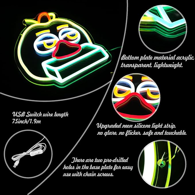 Playful Chicken Neon Signs for Wall Decor, Anime LED Light for Bedroom, Kids' Room, Birthday Decorations, USB Powered, Yellow, Green, Orange Color, 11.2"x9.4"