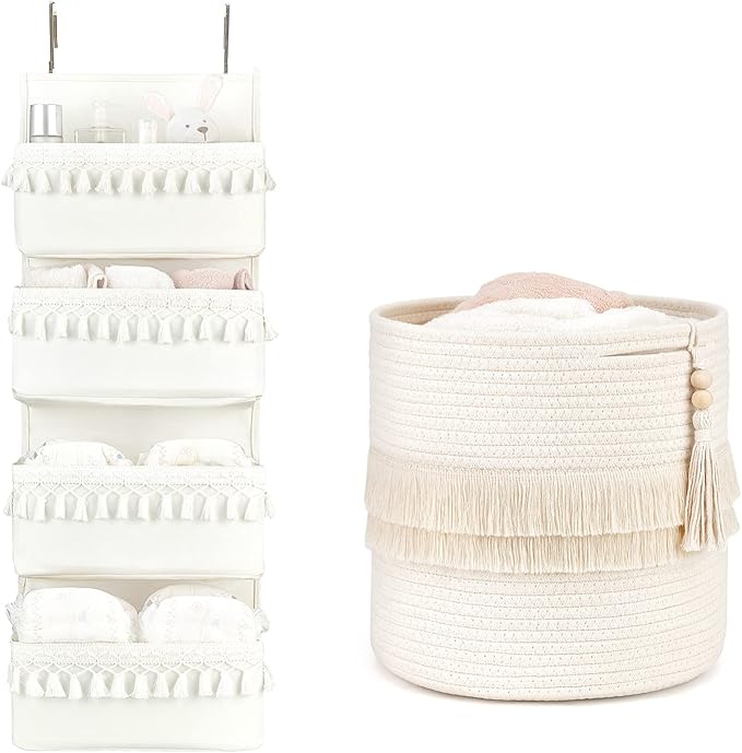 Dahey Over The Door Organizer with 4 Pockets and Macrame Decorative Cotton Rope Storage Basket Boho Nursery Decor for Bathroom, Bedroom, Dorm