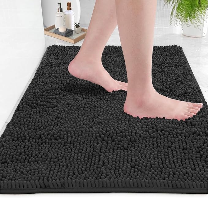 LuxUrux 2 Piece Bathroom Rug Set - Premium Plush Bath Mat Shower Rugs, 1" Chenille Microfiber, Non-Slip & Absorbent, Soft & Cozy, Durable Stylish (20x30 & 16x24 inches, Black)