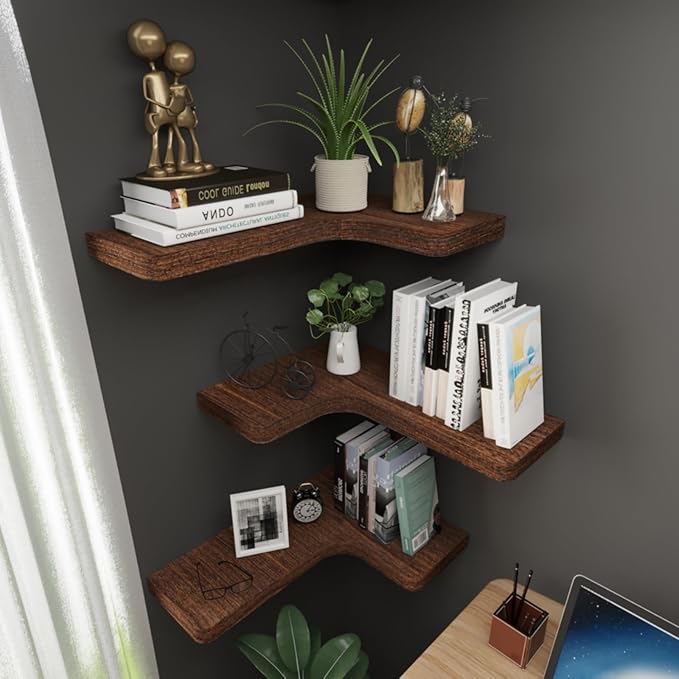 SAUMONIERES Corner Floating Shelves Wall Mount Shelf Solid Wood for Bedroom Bathroom Room Kitchen Storage Set of 3, Rustic Brown, Invisible Brackets