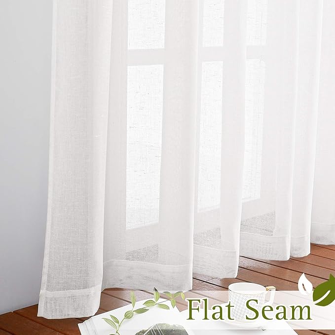 NICETOWN Linen Sheer Curtains Flax Texture for Bedroom Windows, Grommet Semi Sheer Vertical Drapes Privacy with Light Filter for Nursery, White, 36" Wide by 63" Long, 2 Pieces