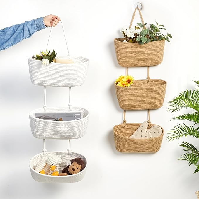 DULLEMELO Hanging Wall Baskets for Decor, 3-Tier Hanging Basket Organizer for Kitchen, White Woven Storage Basket with Door Hooks for Toy Storage
