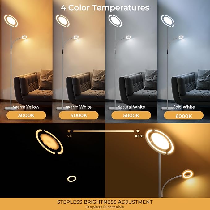 FIMEI 3 in 1 Floor Lamp, Modern Bright Standing Lamp with Split Rotatable Outer Ring Light and Small Reading Light, 4 Color and Dimmable, 3-Way Independent Control for Living Room Office, Gray