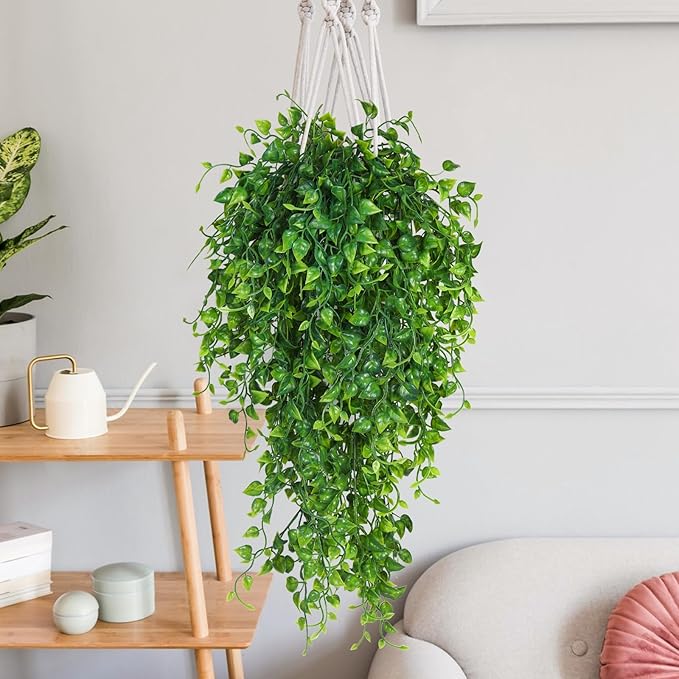 Artificial Hanging Plants 4pcs 33-in Fake Hanging Plant Faux Ivy Vine Leaves UV Resistant Plastic Wall Greenery Plants for Indoor Outdoor Home Garden Wedding Jungle Party Patio Office Shelf Decor