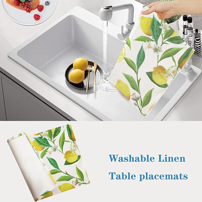 Lemon Table Placemats Set of 4 Place Mats Linen Washable Wipeable Placemats Heat Resistant Placemats Fabric Waterproof Rectangle Table Mat for Kitchen Dining Dinner 18 X 12 Inch, Lemon