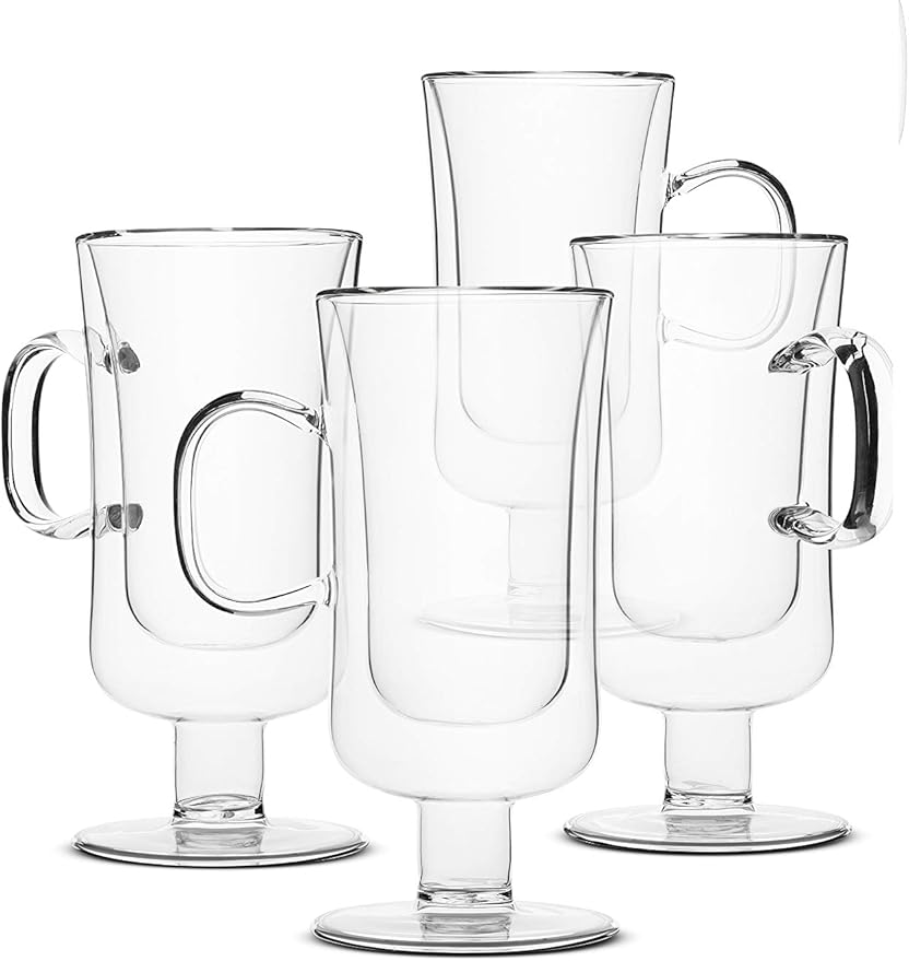 BTaT- Irish Coffee Mug, Coffee Glass, Set of 4 (10oz, 300ml), Double Wall Glass Irish Coffee Cup, Tea Cups, Latte Cups, Glass Coffee Mug, Beer Glasses, Latte Mug, Clear Mugs, Christmas Gifts