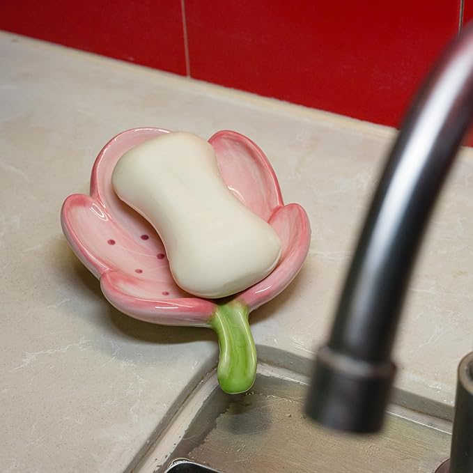 Ceramic Soap Dish Holder for Bathroom, Flower Bar Holder for Shower, Easy Cleaning Saver Tray Decoration for Bathroom, Sinks, Kitchen (Pink)