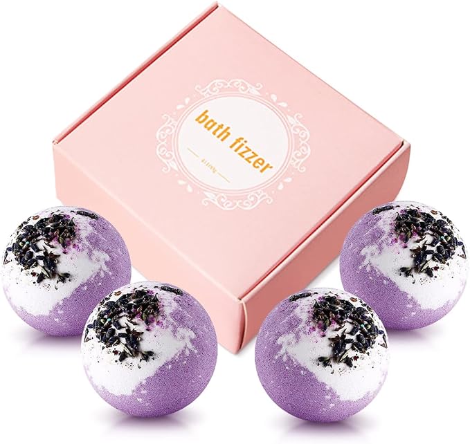 Dried Flower Bath Bombs Salt Balls,4 Pack Gift Set,Lavender Extract Essential Oils,Moisturizing Dry Skin,Fizzy Spa,Relaxation,Self Care,Relaxing,Bubble Bath Bomb Gifts Idea for Men Women