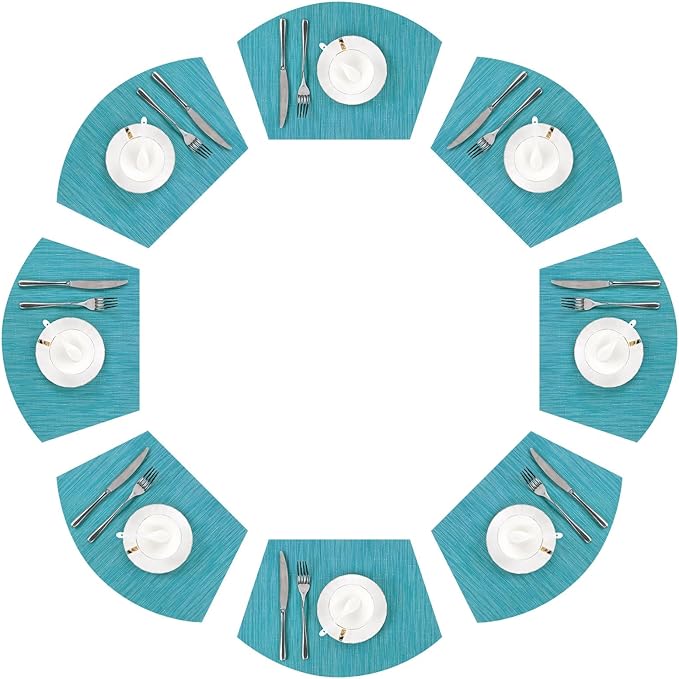 SHACOS Wedge Placemats Set of 8 Woven Vinyl Plastic Placemats for Round Table Place Mats Wipe Clean Non Slip Table Mats, Teal Blue