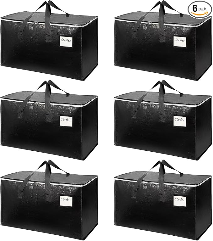 6-Pack Extra-Large Heavy-Duty Moving Bags with Reinforced Handles, Durable Zippers & Waterproof Material — Perfect for Space-Saving, Storage, Shipping and Travel (Black)