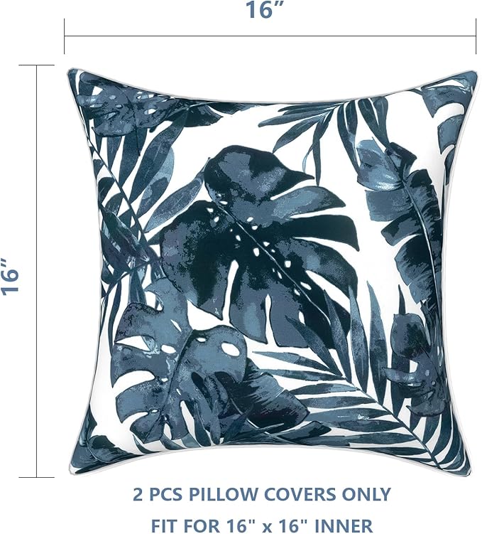 LVTXIII Outdoor Throw Pillow Covers Set of 2, Patio Waterproof Pillow Cases Fade Resistant Accent Pillow Covers for Home and Garden Furniture Decoration, 16x16, Palms Blue