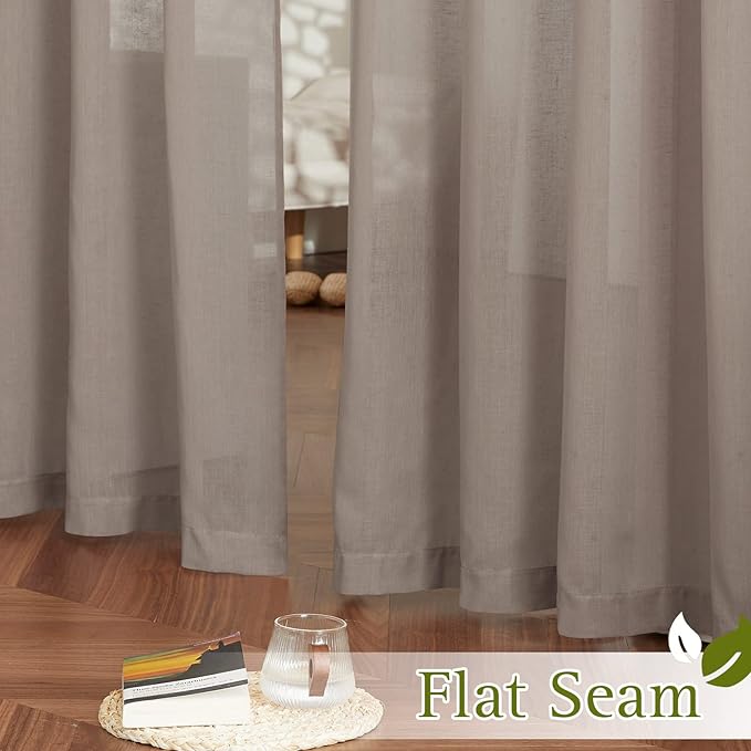 NICETOWN Linen Sheer Curtains 96 inches Long, (Burlap) Grommet Semi Sheer Flax Textued Vertical Drapes Privacy with Light Filtering for Living Room/Farm House, W52 x L96, 1 Pair