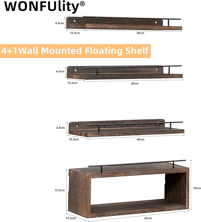 WONFUlity Bathroom Shelves, Wall Shelves with Storage Basket, Floating Shelves with Over Toilet Paper Holder, Farmhouse Wood Wall Shelves for Living Room, Bedroom, Kitchen,Wall Décor (4 Walnut)